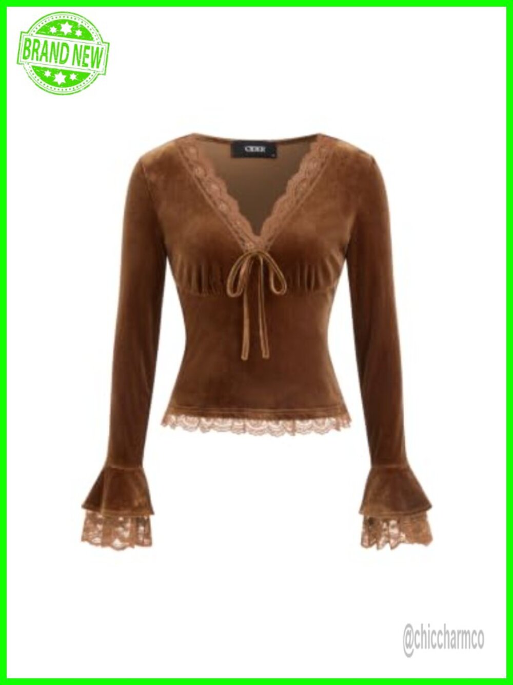 Velvet Lace Trim V-Neck Long Bell Sleeve Crop Top Going Out